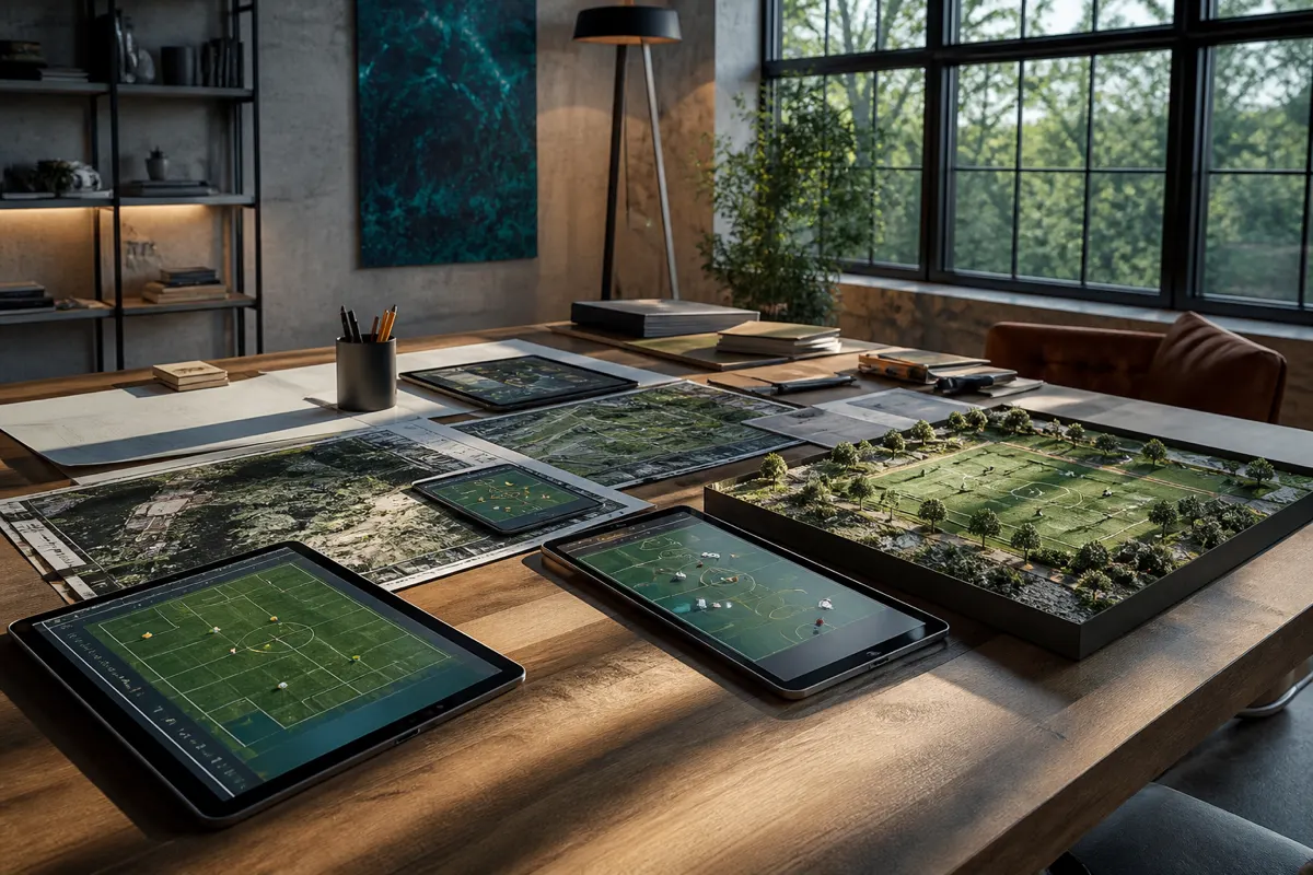 Game Venture Zones planning studio with maps and tablets